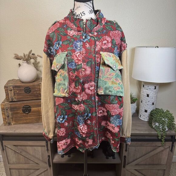 POL Patchwork Tapestry Shacket Floral Full Zip Oversized Size L Boho Hippie - Picture 4 of 10